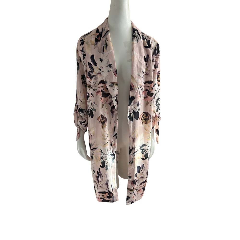 Laura Plus Pink Floral Open Front Kimono Jacket Duster Tie Sleeve Size 16